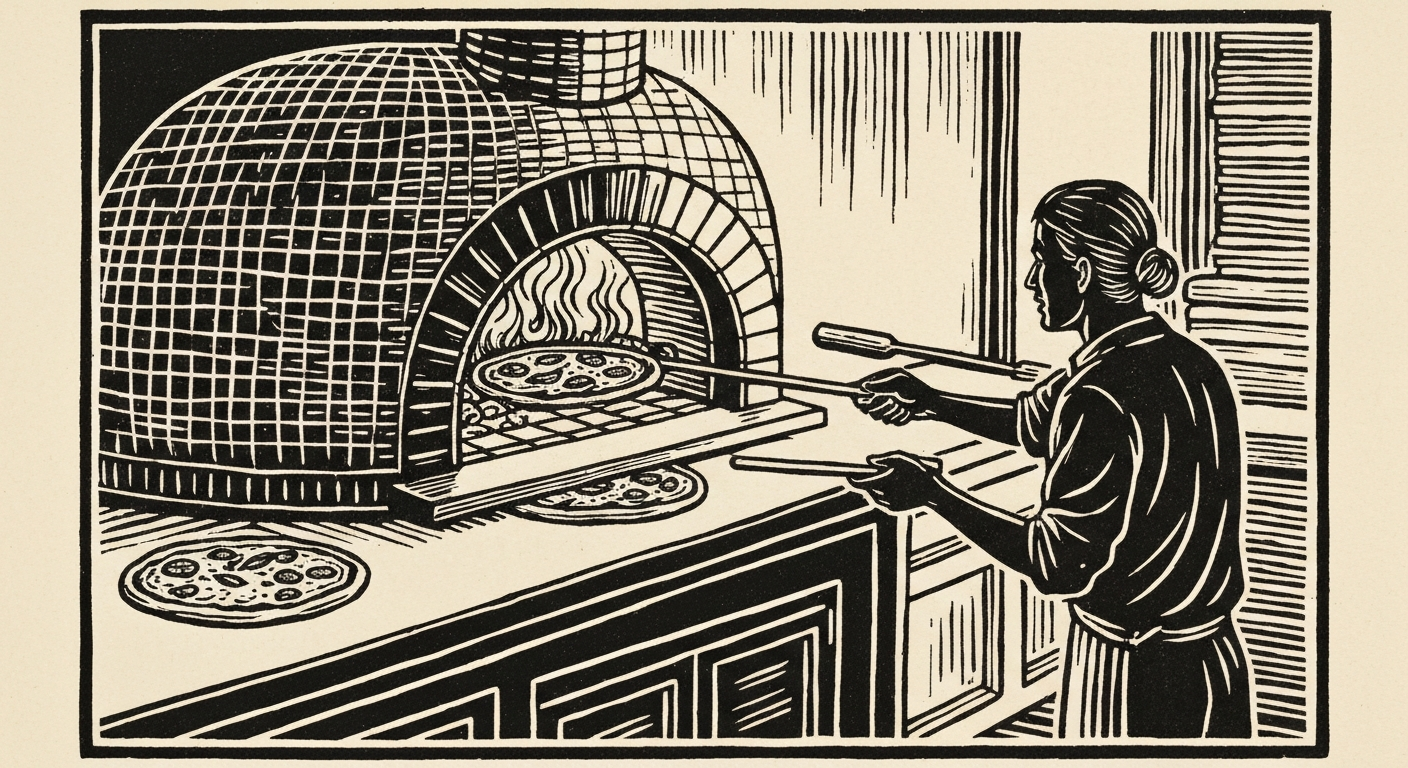 Linocut illustration of pizza restaurants in Ocean Springs.