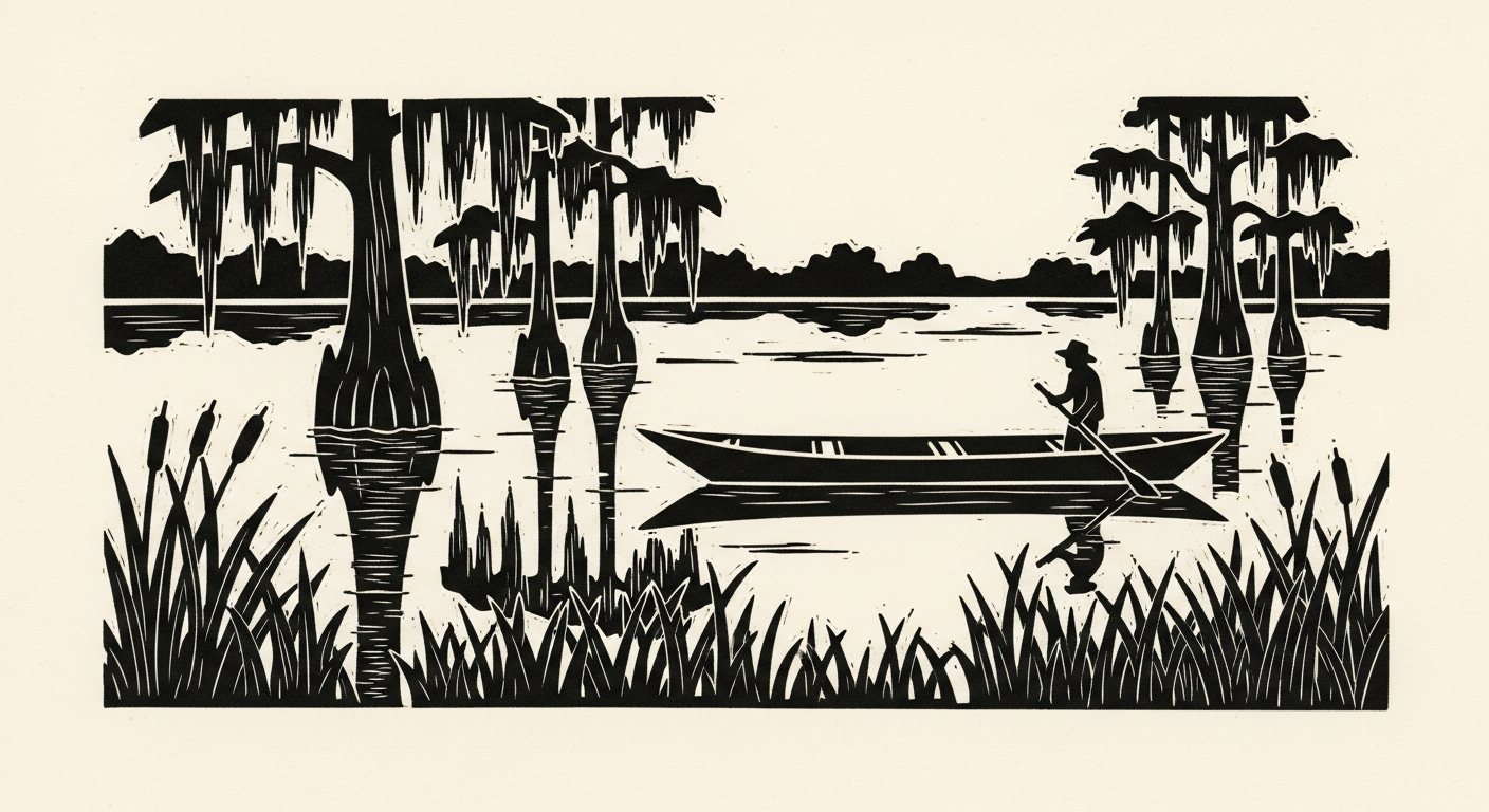Linocut of cypress in the bayou.