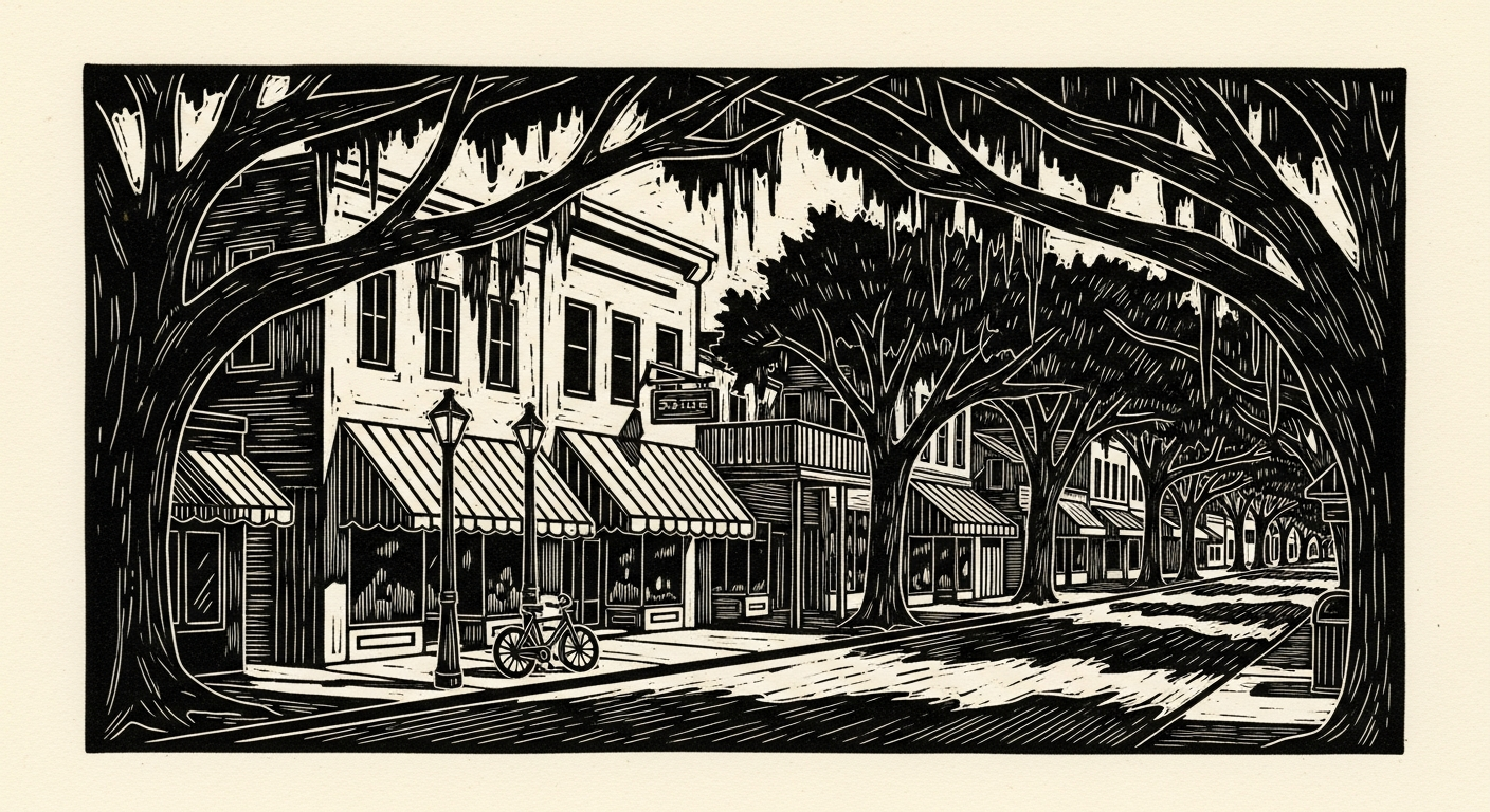 Linocut of a tree-lined main street.