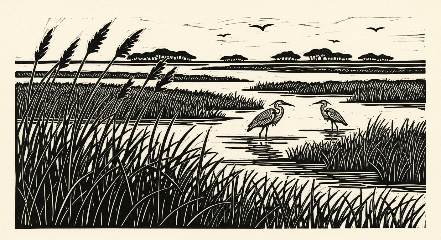 Linocut of barrier island marsh.