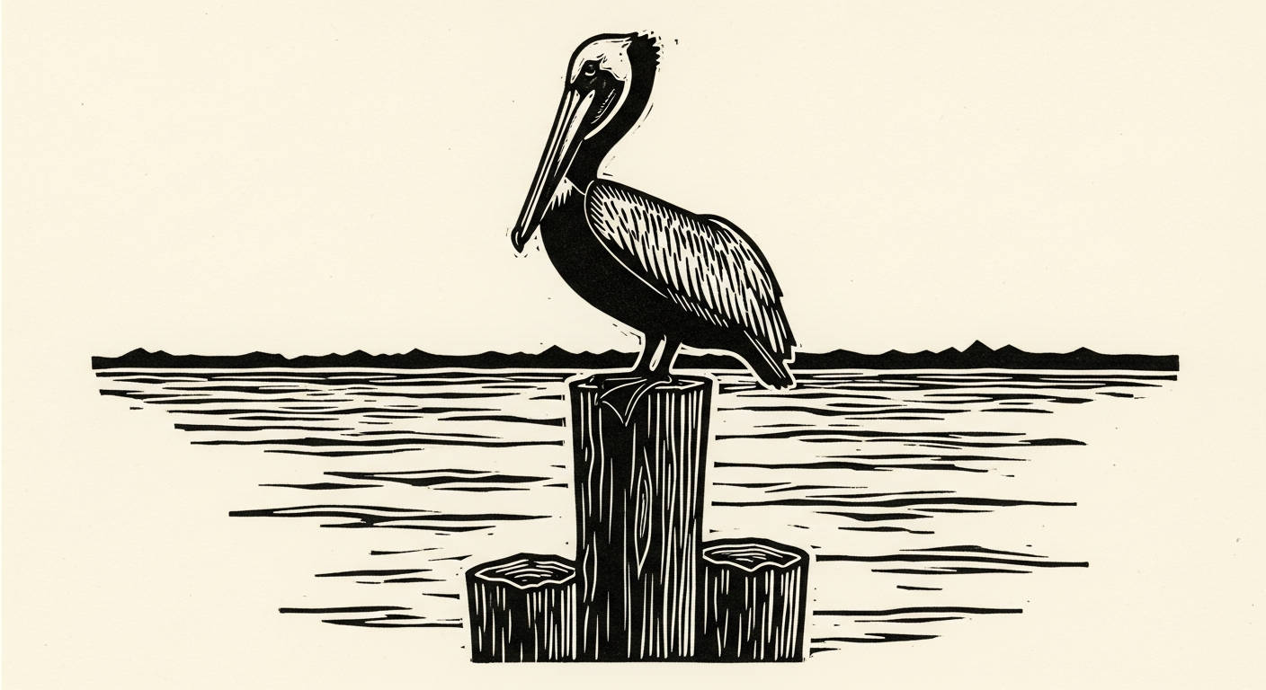 Linocut of a pelican on a piling.